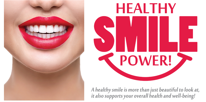 The image features a close-up of a person s face with red lipstick, against a white background. There is also text overlaying the image that reads  HEALTHY SMILE POWER  and includes a logo with the words  SMILE POWER.